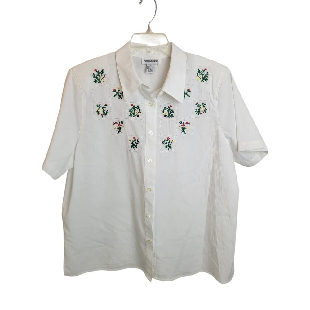 Vtg Alfred Dunner White Embroidered Floral Button Down Shirt Women's Size 18